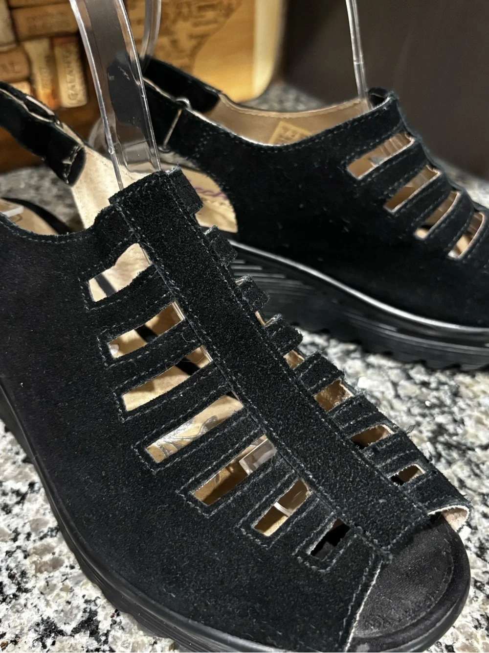 Skechers Black Suede Cut Out Wedge Sandals Size 7